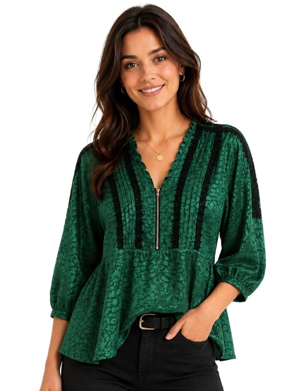 Koche Black Embroidered Lace Green Jacquard Tunic Top